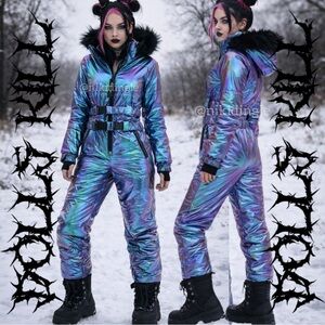 NEW Club Exx Dolls Kill Skisuit Snow Fur Holographic Metallic XS